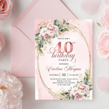 Modern Boho Blush Floral 40th Birthday Invitation