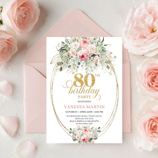 Modern Boho Blush Roses 80th Birthday Invitation  Einladung (Modern Boho Blush Roses 80th Birthday Invitation Set

)
