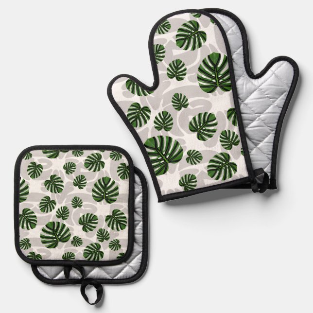 Modern Boho Botanical Leaves Pattern Ofenhandschuh & Topflappen-Set (Vorderseite/Rückseite)