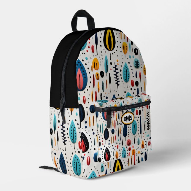 Modern Boho Botanical Pattern Monogram Bedruckter Rucksack (Rückseitige Ecke links)
