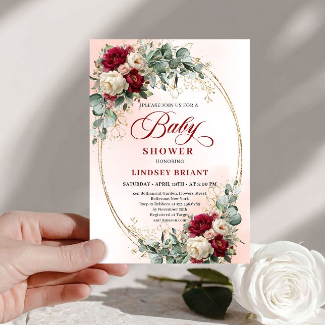 Modern Boho Burgundy and Gold Baby Shower Invite Einladung (Modern Boho Burgundy and Gold Baby Shower Invite)