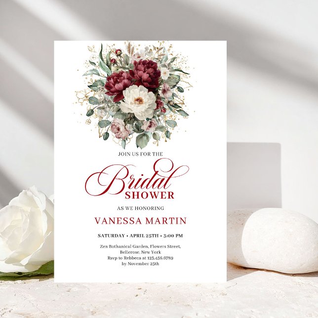 Modern Boho Burgundy Eucalyptus Gold Bridal Shower Einladung (Modern Boho Burgundy Eucalyptus Gold Bridal Shower Invitation)