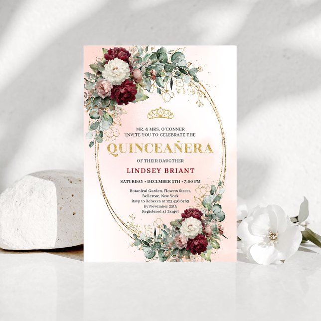Modern Boho Burgundy Floral Quinceañera Invitation Einladung (Modern Boho Burgundy Floral Quinceañera Invitation)
