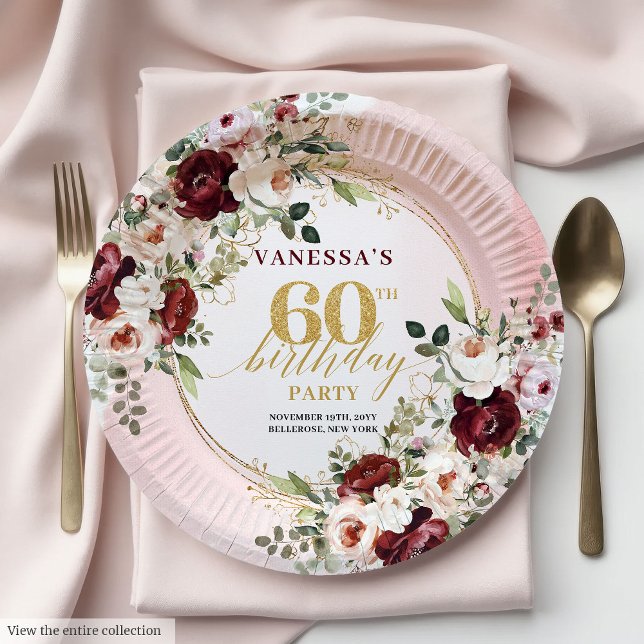 Modern Boho Burgundy Gold Floral 60th Birthday  Pappteller (Modern Boho Burgundy Gold Floral 60th Birthday Plates)