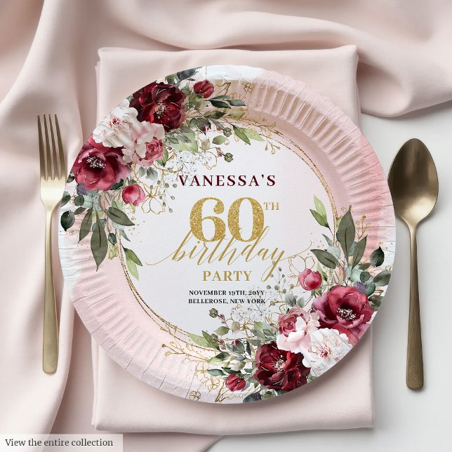 Modern Boho Burgundy Greenery Gold 60th Birthday  Pappteller (Modern Boho Burgundy Greenery Gold 60th Birthday Plates)