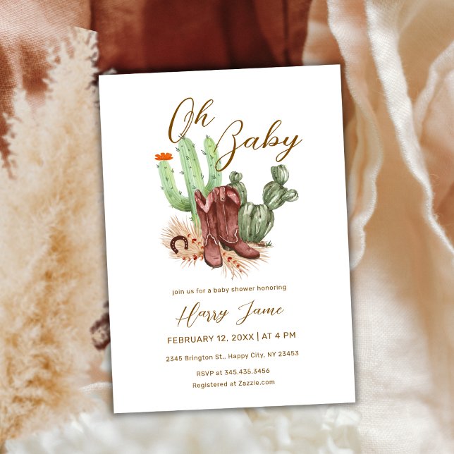 Modern Boho Cactus Cowboy Shoes Baby Shoes Dusche Einladung (Modern Boho Cactus Cowboy Shoes Baby Shower Invitation)