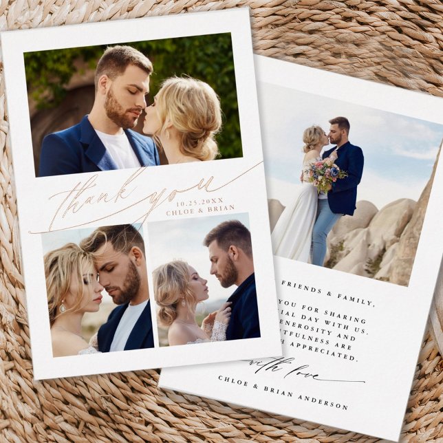 Modern Boho Calligraphy 4 Foto Wedding Vielen Dank Folieneinladung (Front & Back)