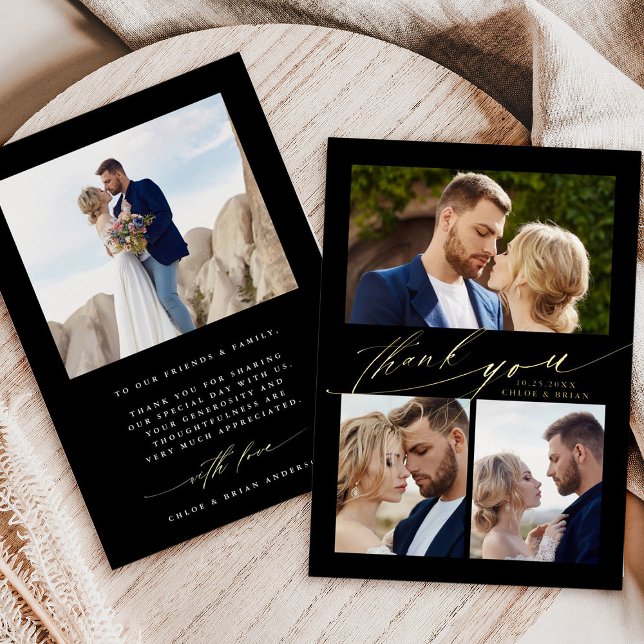 Modern Boho Calligraphy 4 Foto Wedding Vielen Dank Folieneinladung (Front & Back)