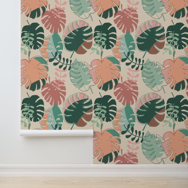 Modern Boho Chic Tropical Monstera Blätter Muster Tapete (Anwendung)