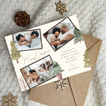 Modern Boho Christmas 3 Foto Collage Pine Trees Feiertagspostkarte<br><div class="desc">Begrüßen Sie Ihren Freunden und Ihren Lieben einen ruhigen, fröhlichen und erholsamen Urlaub mit dieser modernen, eleganten Weihnachtsgrüßkarte, die drei schöne Fotos Ihrer Familie in einer außergewöhnlichen Collage mit handgemalten Aquarellkiefern umfasst. (Die Platzierung Fotos sind von Pexeln fotografiert von Ketut Subiyanto sind nur für Proben. Bitte ersetzen Sie es mit...</div>
