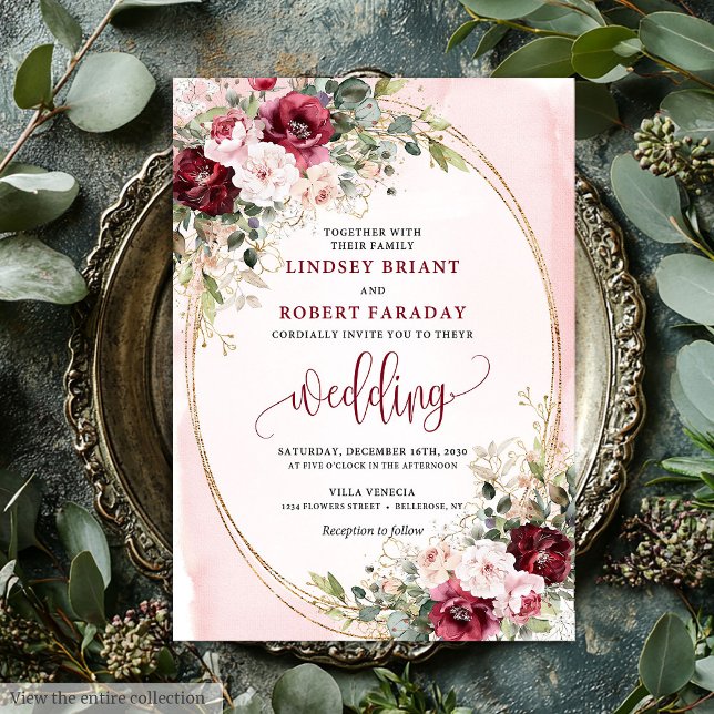 Modern Boho Deep Red Blush Gold Roses Sage Wedding Einladung (Modern Boho Deep Red Blush Gold Roses Sage Wedding Invitation)