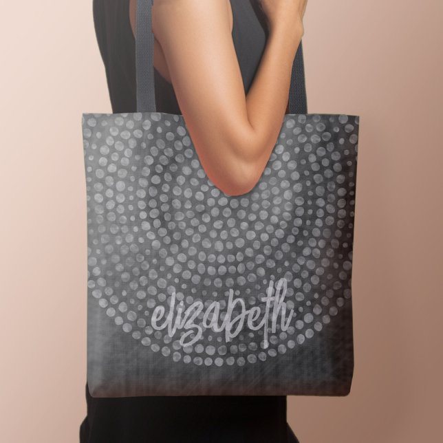 Modern Boho Dot Pattern with bounce script name (Personalized tote bag with boho dots and text)