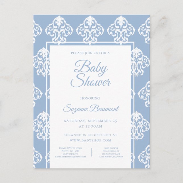 Modern Boho Dusky Blue White Baby Dusche Ankündigungspostkarte (Vorderseite)