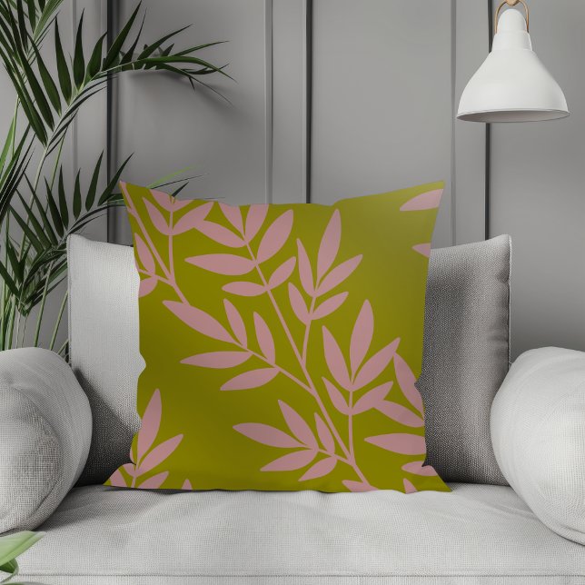 Modern Boho Elegante Mauve Leaf Muster Olive Kissen (Von Creator hochgeladen)