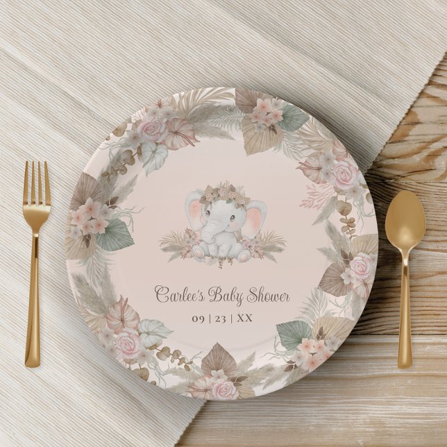 Modern Boho Elephant Gender Neutral Baby Dusche Pappteller (Cute Boho Elephant Paper Plates with Pampas Grass Floral Design)