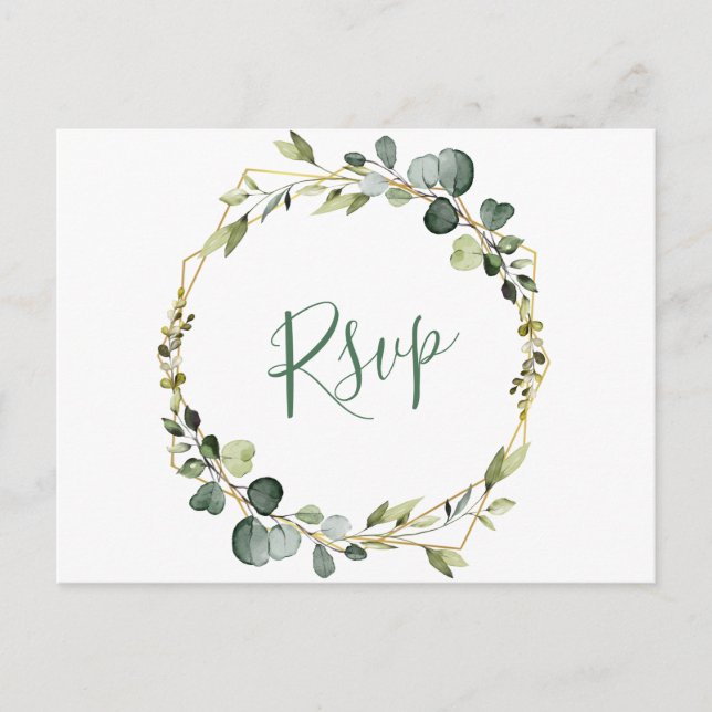 Modern Boho Eucalyptus Wreath Frame Wedding RSVP Postkarte (Vorderseite)