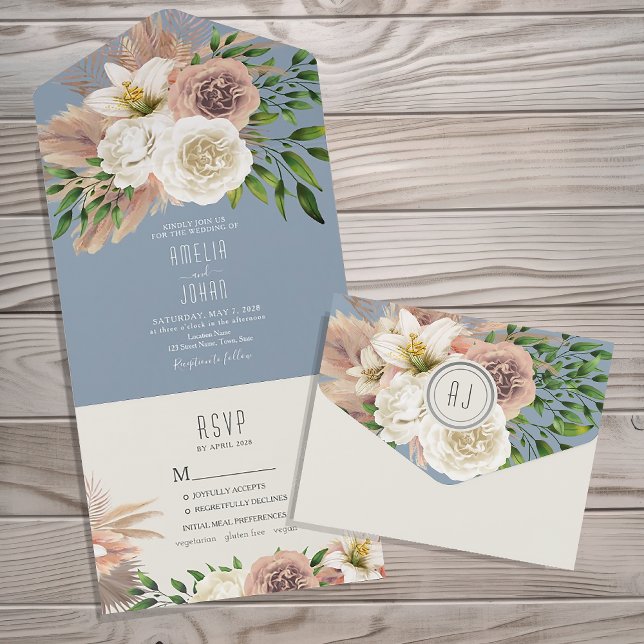 Modern Boho Floral Dusty Blue Wedding All In One Einladung (Von Creator hochgeladen)