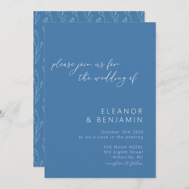 Modern Boho Floral Line Art Blue Script Hochzeit Einladung (Vorne/Hinten)