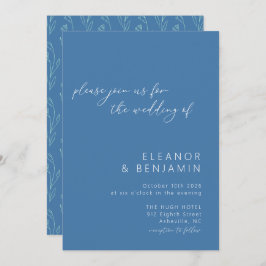 Modern Boho Floral Line Art Blue Script Hochzeit Einladung
