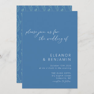 Modern Boho Floral Line Art Blue Script Hochzeit Einladung