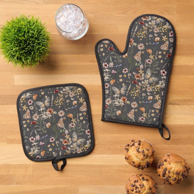 Modern Boho Floral Monogram Name Ofenhandschuh & Topflappen-Set (Oben Unten)