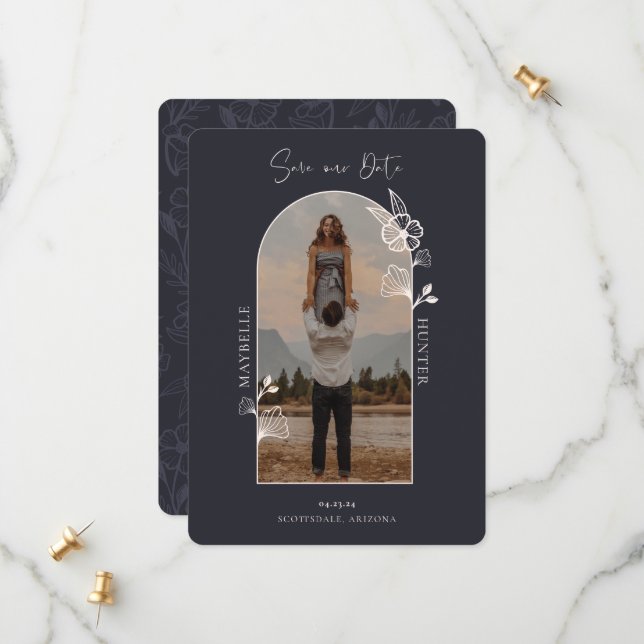 Modern Boho Floral Rose Foto Arch Schwarz Save The Date (Vorderseite/Rückseite Beispiel)