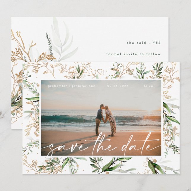 Modern Boho Golden Eukalyptus Grüne Save The Date (Vorne/Hinten)