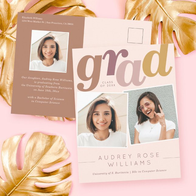 Modern Boho Grad Typografy Blush Foto Abschluss Postkarte (Von Creator hochgeladen)