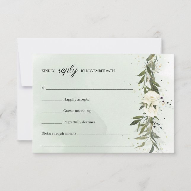 Modern Boho Greenery Olive Wreath White Roses RSVP Karte (Vorderseite)