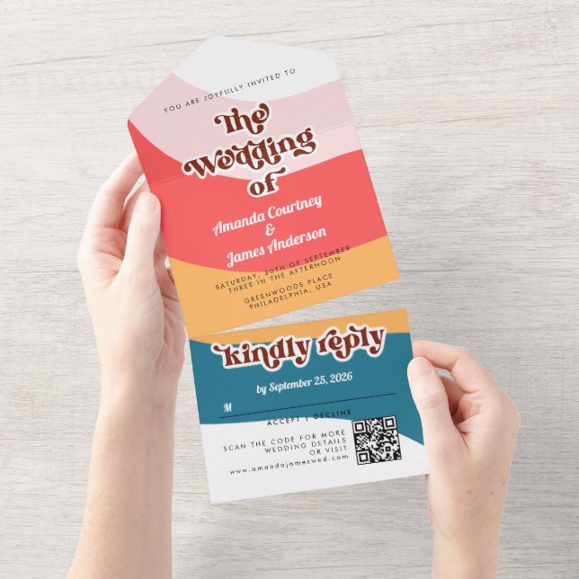 Modern Boho Groovy Retro 70er Wedding All In One Einladung (Abreißen)