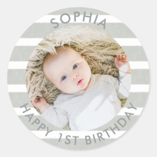 Modern Boho Happy 1. Geburtstag Foto Runder Aufkleber