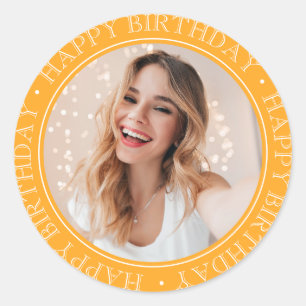 Modern Boho Happy Birthday Retro Senf Foto Runder Aufkleber