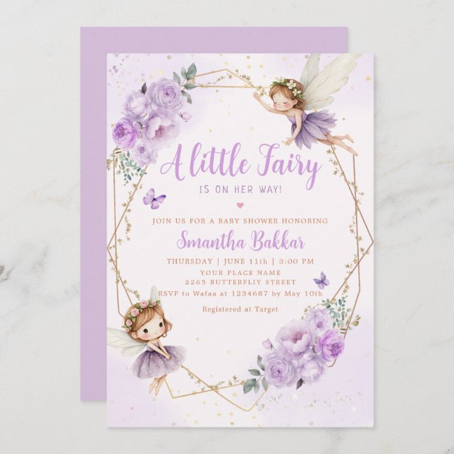 Modern Boho Lila eine kleine Märchenmädchendusche Einladung (Vorne/Hinten)