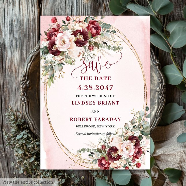 Modern Boho Merlot Blush Gold Floral Save Date Einladung (Modern Boho Merlot Blush Gold Floral Save Date)