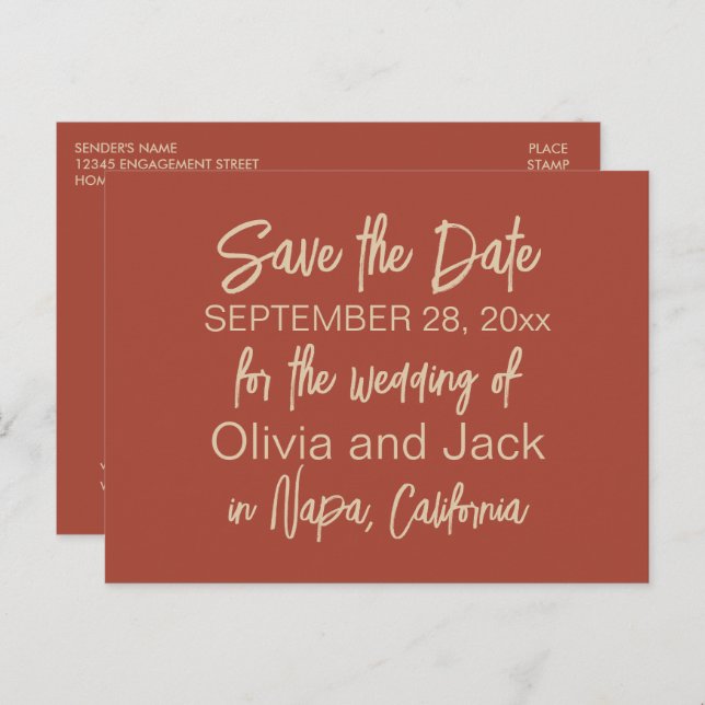 Modern Boho Minimalistisch Burnt Save the Date Postkarte (Vorne/Hinten)