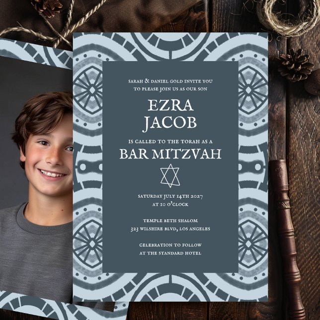 Modern Boho Muster Custom Foto Bat Bar Mitzvah Einladung (Modern Boho Pattern Custom Photo B'nai Bat Bar Mitzvah Invitation
)