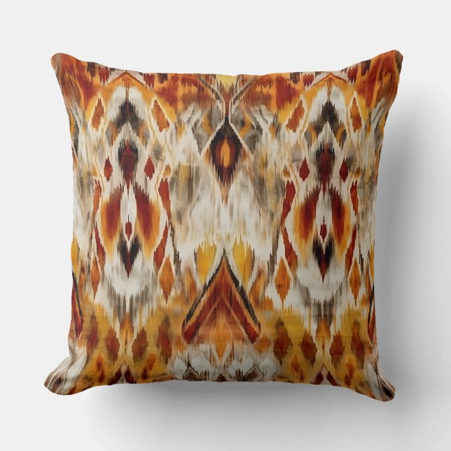Modern Boho Neutrals Brown Orange Ikat Tribal Kissen (Vorderseite)