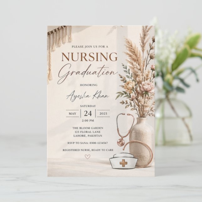 Modern Boho Nursing Graduation Invite | Geometric  Einladung (Stehend Vorderseite)