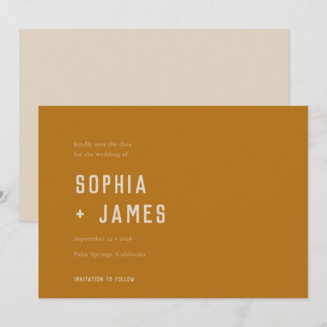 Modern Boho Ochre Burnt Orange Typografie Save The Date (Vorne/Hinten)