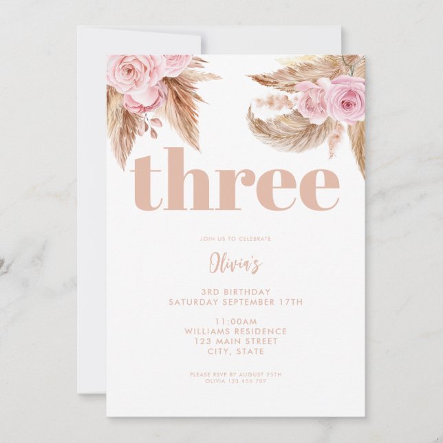 Modern Boho Pampas Floral 3. Geburtstag Einladung (Vorderseite)