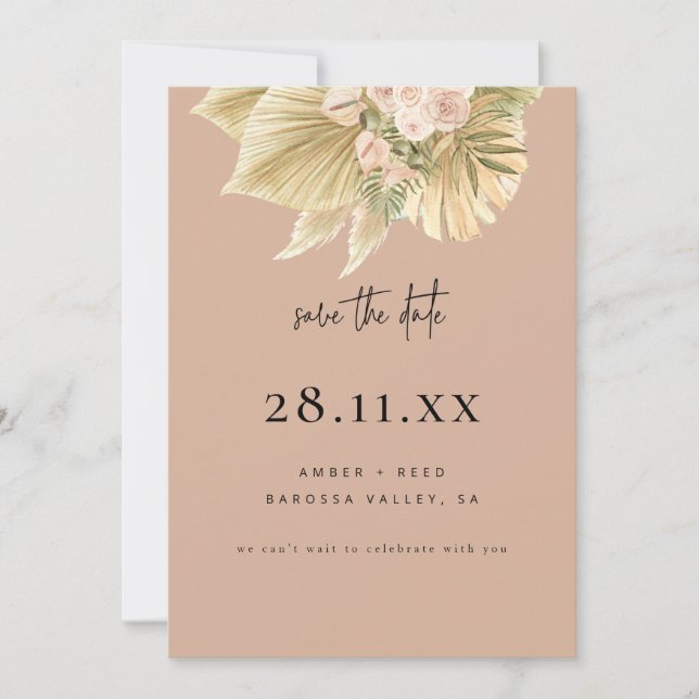 Modern Boho Pampas Gras Blütenrot Rosa Save The Date (Vorderseite)