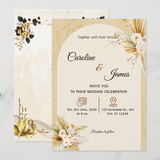 Modern Boho Pampas Grass Arch Wedding Invitation Einladung (Vorne/Hinten)