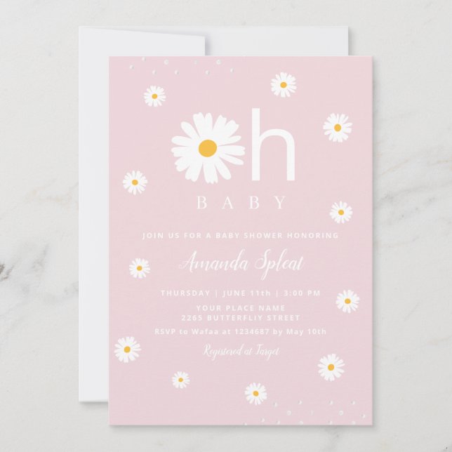 Modern Boho Pink Daisy Floral Baby Girl Shower Inv Einladung (Vorderseite)
