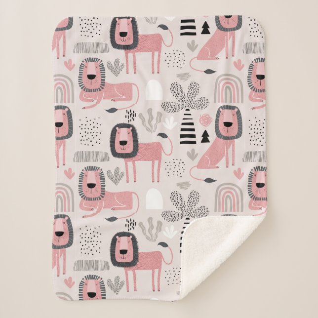 Modern Boho Pink Lions Rainbows Sherpa Blanket Sherpadecke (Vorderseite)