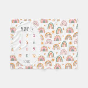 Modern Boho Rainbow Stars Moon Sun Baby Milestone Fleecedecke