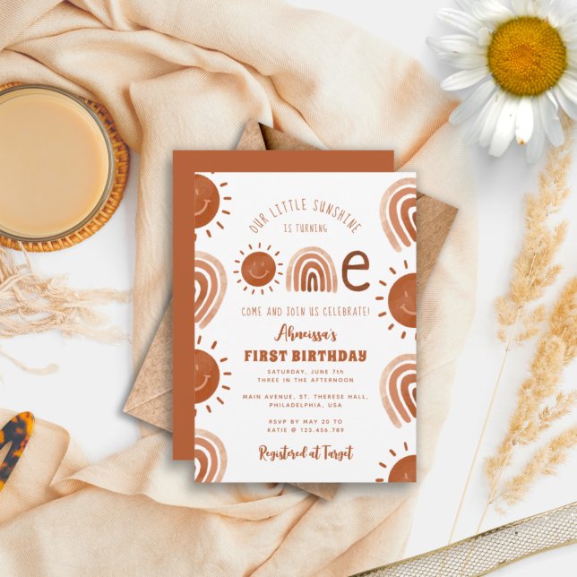 Modern Boho Rainbow Sunshine Ein erster Geburtstag Einladung (Von Creator hochgeladen)