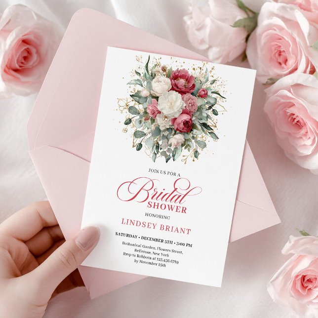 Modern Boho Red Blush Greenery Gold Bridal Shower Einladung (Modern Boho Red Blush Greenery Bridal Shower Invite

)