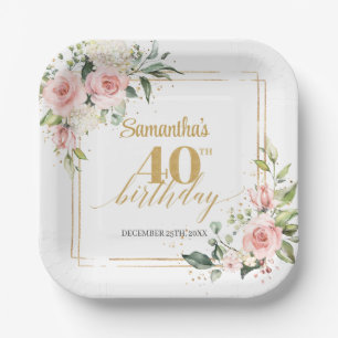 Modern Boho rot Rosa Blütengold 40. Geburtstag Pappteller