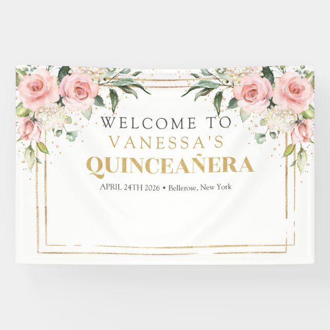 Modern Boho rot Rosa Blütengold Quinceañera Banner (Horizontal)