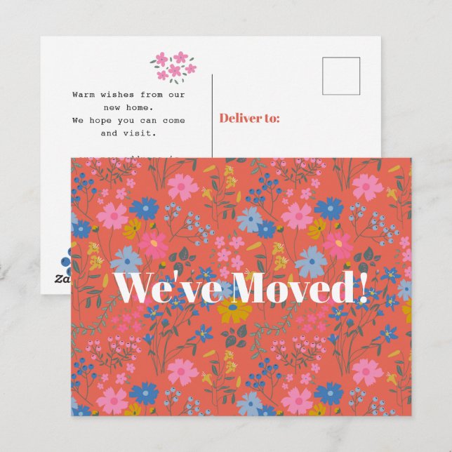 Modern Boho Rotes Blumenmuster Wir sind Umgezogen  Postkarte (Vorne/Hinten)